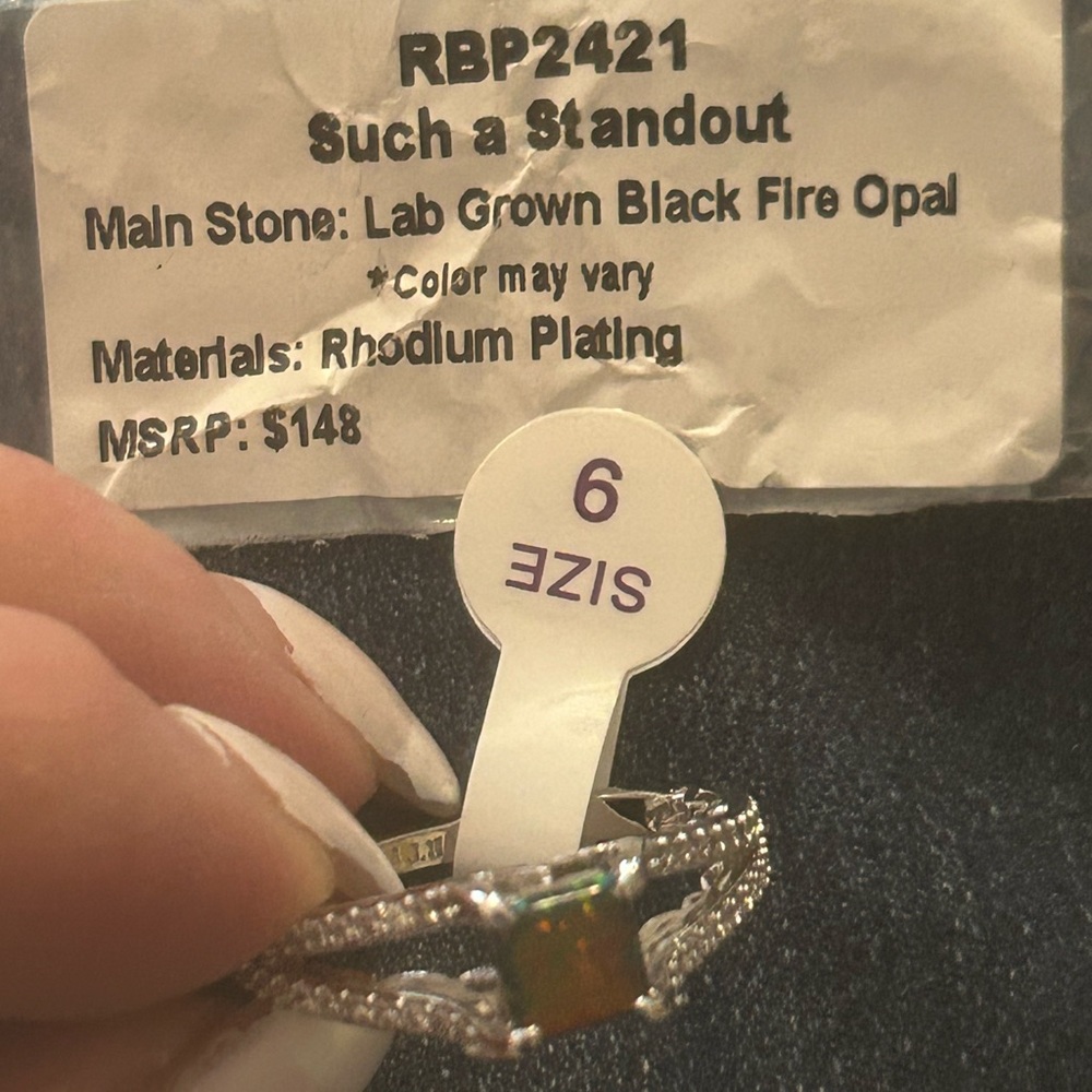 Rhodium-Plated Black Fire Opal Ring - Size 9